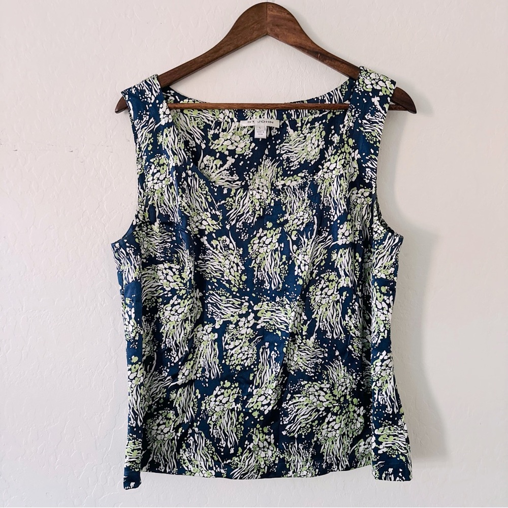St. John Women’s Navy and Green Abstract Patterned Tank Top Blouse Silk Blend